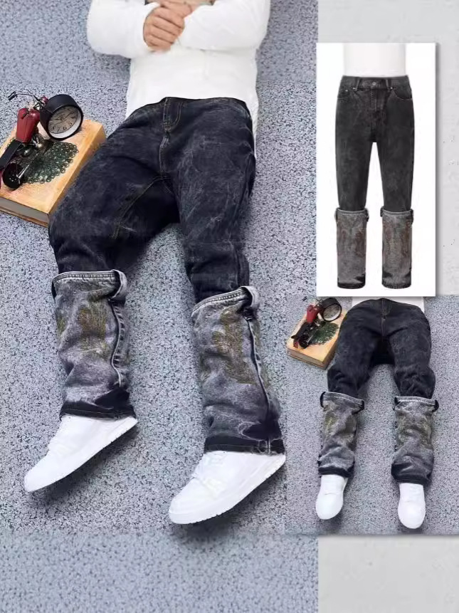 2024高街复古波纹做旧裤脚翻遍刺绣男式潮牌马裤休闲宽松牛仔裤