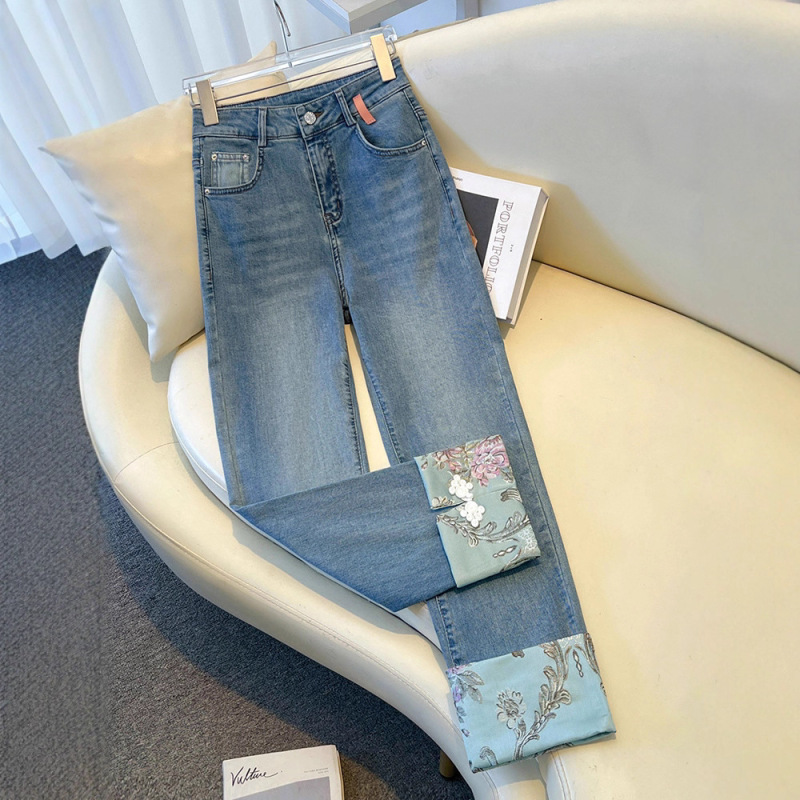 New Chinese-Style Buttoned Cigarette Jeans for Women 2026 New Model Petite Popular Style Spring and Autumn National Style Embroidered Straight Pants