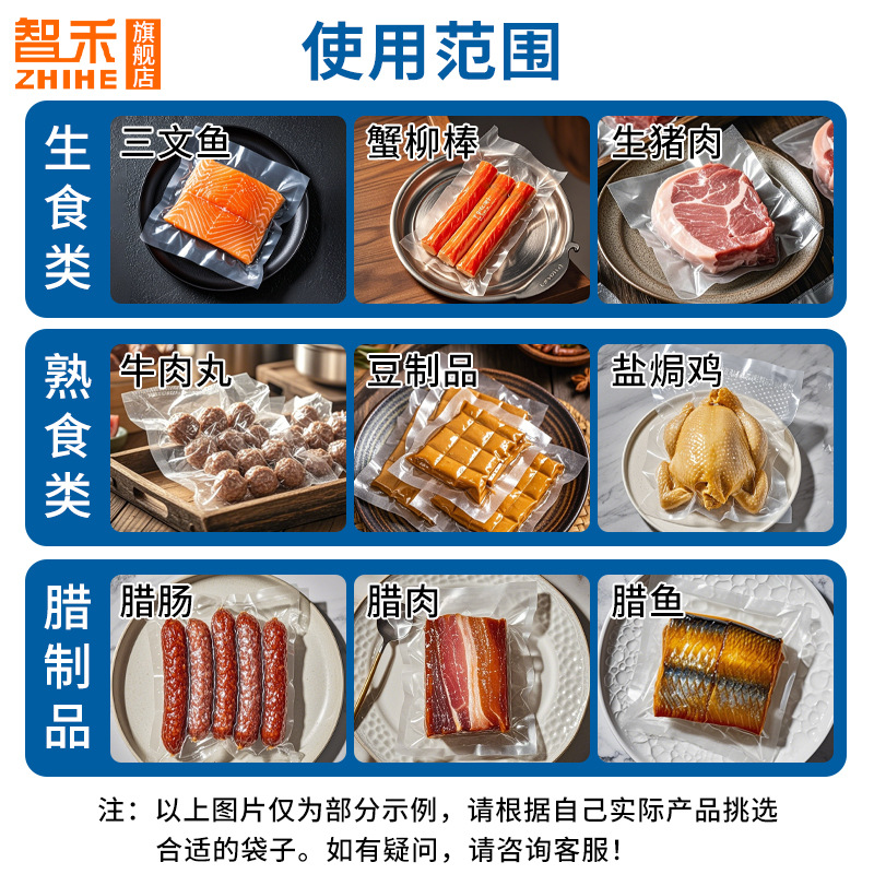 Bolsa de vacío de alimentos compuestos de nailon de 24 seda personalizada, productos de cera grandes, bolsa sellada de tres lados, bolsillo plano transparente para alimentos cocidos