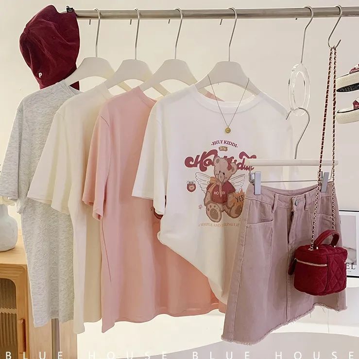 Super Handfeel Modal Bear Letter Printed Short-sleeved T-shirt Women's Summer Niche Age-reducing Loose All-match Base Shirt Super Handfeel Modal Bear Letter Printed Short-sleeved T-shirt Women's Summer Niche Age-reducing Loose All-match Base Shirt