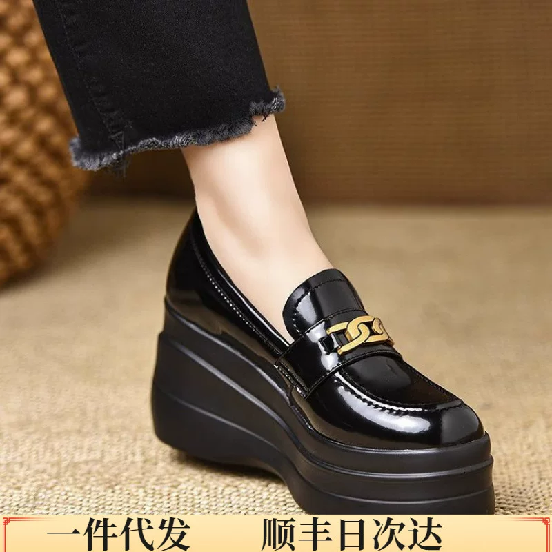 Uncle Xiong handmade women's shoes 8.5cm~spring wedge waterproof platform new heightening retro round toe patent leather black women