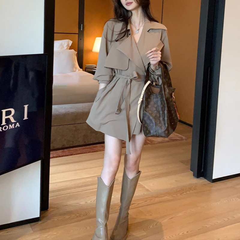 咖色大翻领系带风衣女英伦风气质高级感中长款休闲外套|undefined