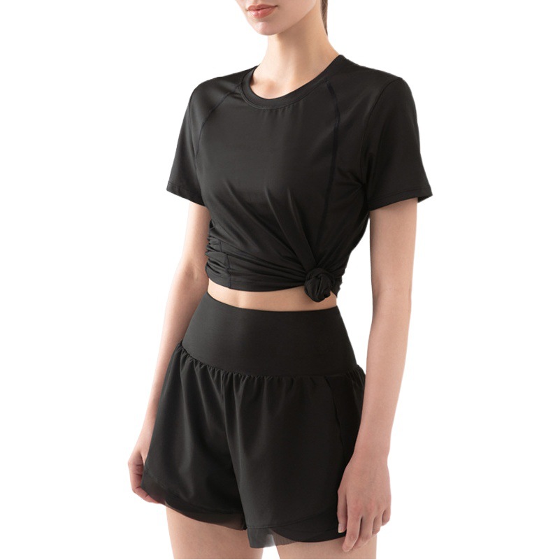 Tops deportivos de manga corta adelgazantes de cintura europea y americana transfronterizos para mujer, tops deportivos informales transpirables, ropa de yoga para correr al aire libre