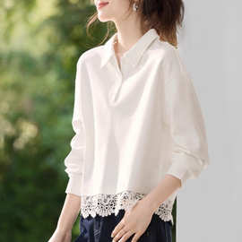 轻生活透气翻领卫衣2025秋季新款蕾丝拼接时尚休闲百搭通勤上衣女