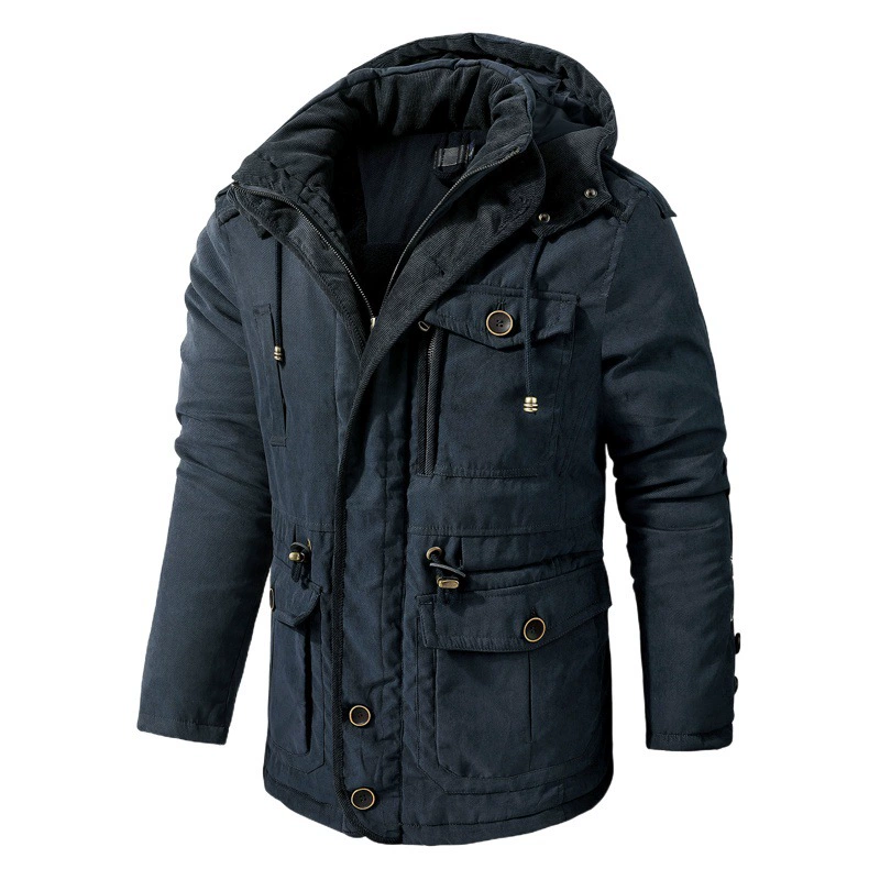 Мужская хлопковая куртка большого размера из овечьей шкуры с капюшоном, утепленный хлопковый топ средней длины с несколькими карманами американского размера