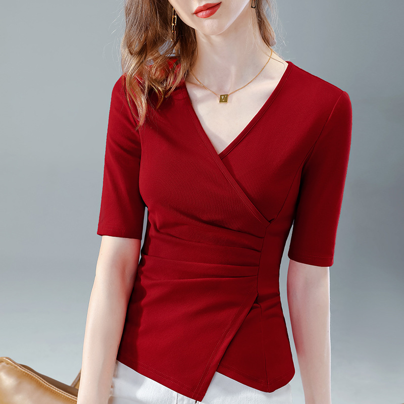 Camiseta de manga media para mujer 2023 nueva camiseta de algodón de media manga con cuello en v elegante para mujer, parte superior de cintura plisada irregular