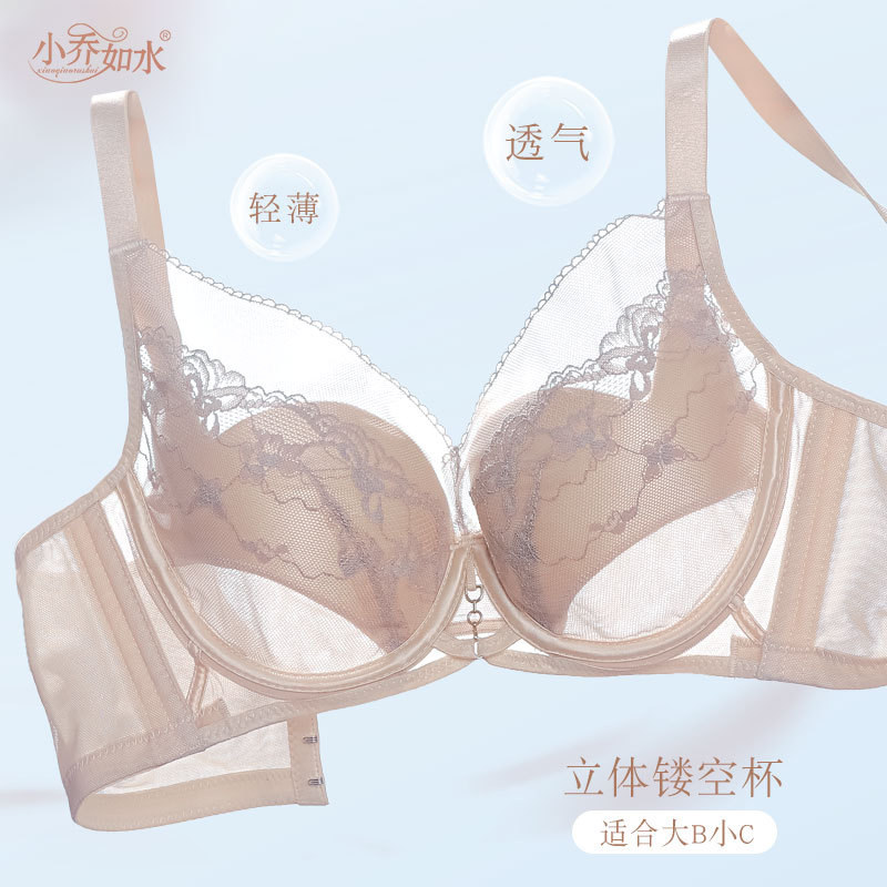 French-Style Lingerie, Sexy Lace, Thin and Breathable, Hollow Cup, Soft Underwire, Side Breast Support, Pure Desire Mesh Bra for Women