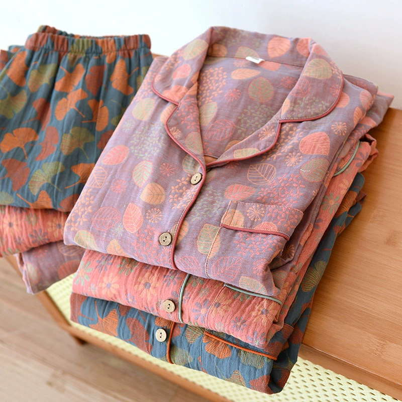 Весенне-осенний женский хлопковый костюм для дома, тонкий марлевый летний Кардиган с длинным рукавом, пижамы, винтажные жаккардовые свободные