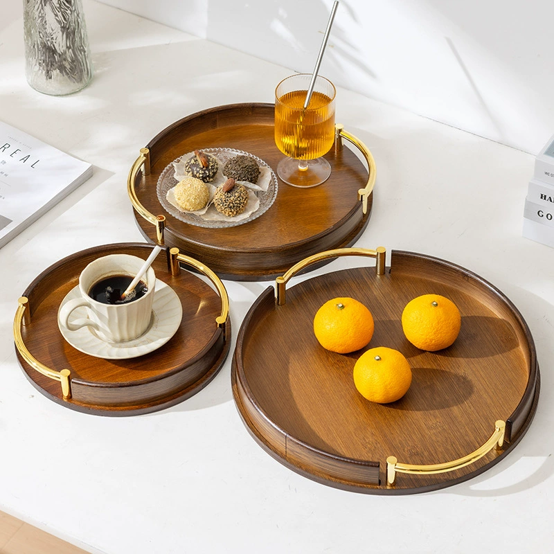 Bamboo serving tray, round with handles, wood‑tone finish, 25/30/35 cm