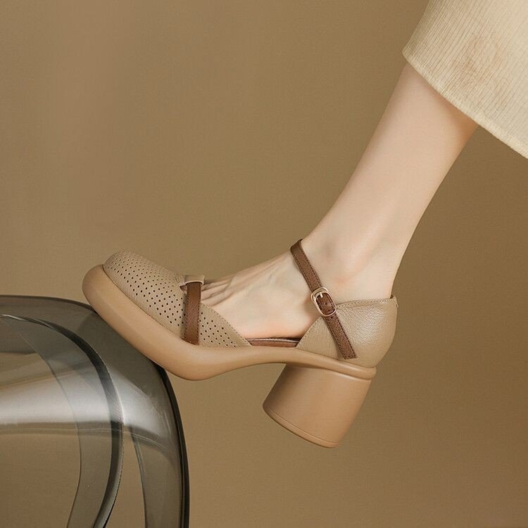 Retro Color-block Platform High-heel Sandals Women's Summer Baotou Hollow-out Thick-heel Casual Buckle Roman Shoes
