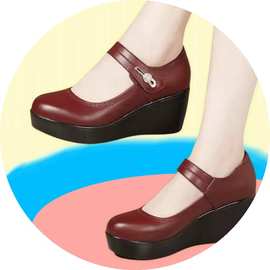 实物图片 软底妈妈小皮鞋软底防滑坡跟中老年单鞋