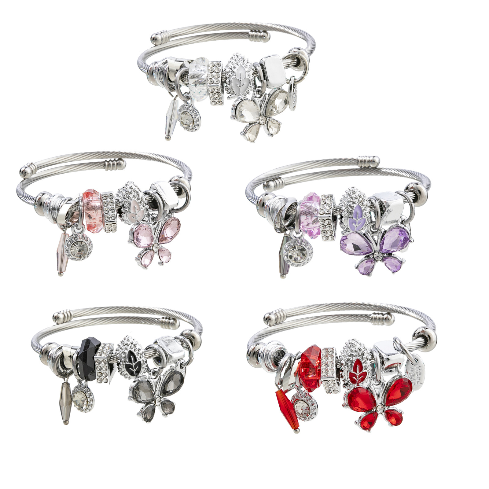 Cross-border Hot Selling Fashion Crystal Butterfly Tassel Pendant Stainless Steel Beaded Bracelet Opening Distinctive DIY Bracelet for Women