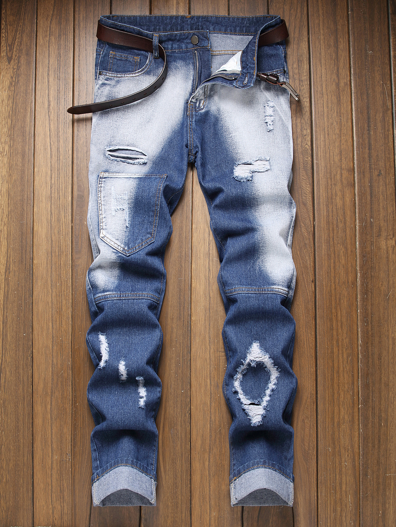 Men's Distressed Retro Straight Leg Jeans Slim Fit Wish Denim Trousers_mkmklike.com