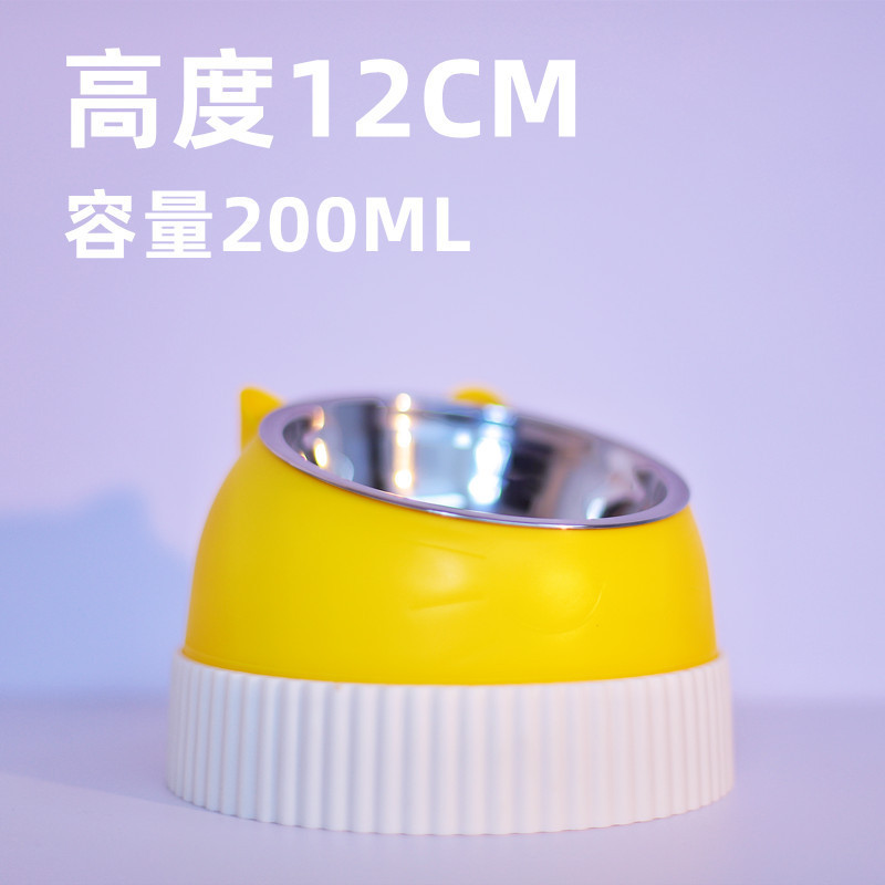 키가 큰 노란 고양이 200ml 강철 그릇과 베이지색 천천히 먹이는 대야