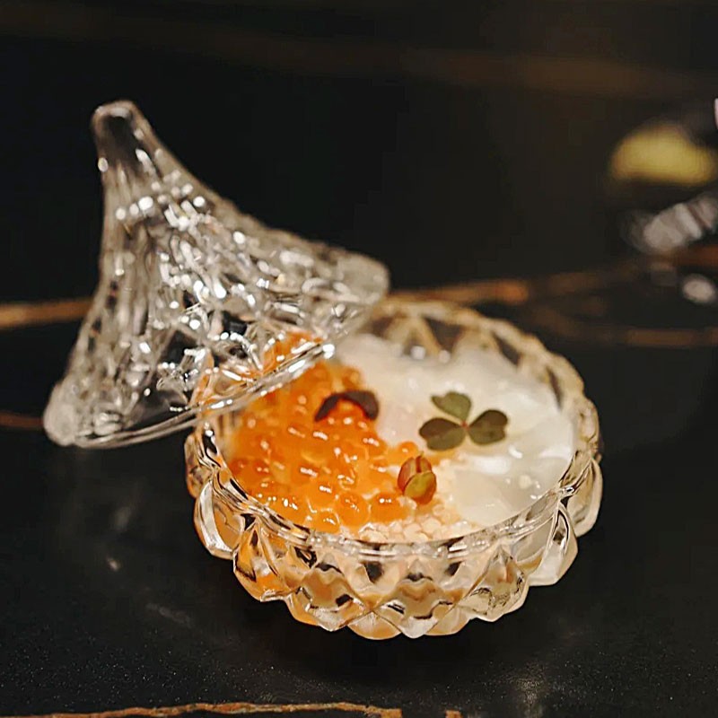 西式创意带盖子锥形玻璃盅西餐厅位上法式分子料理碟甜品碗日料味