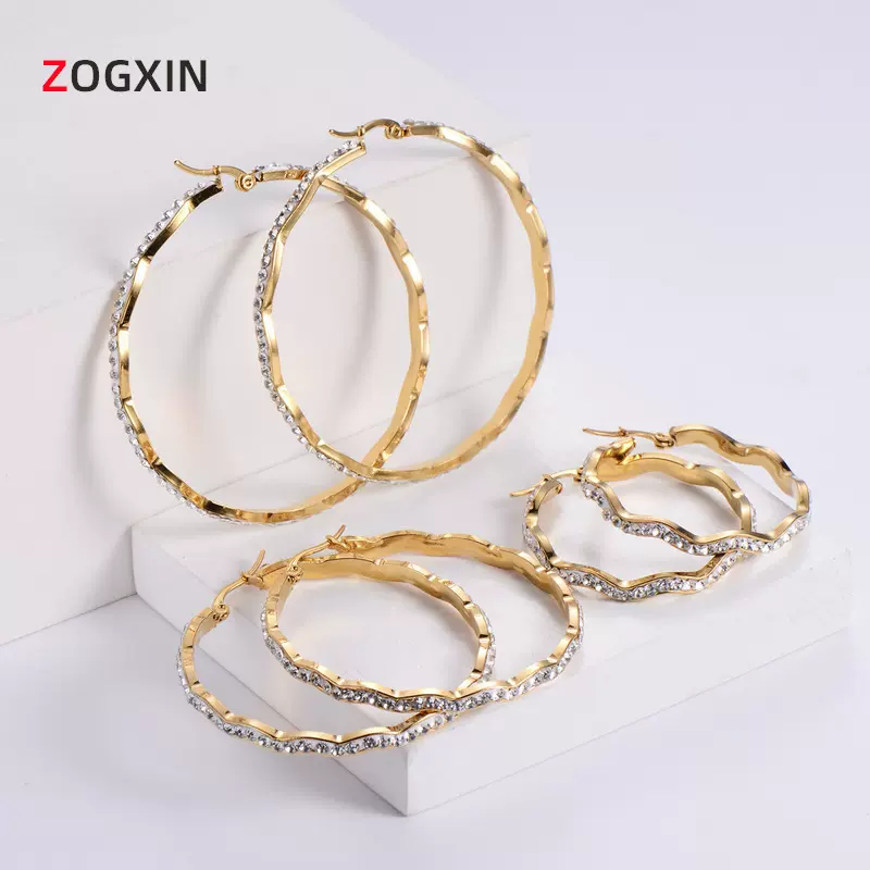 新款欧美不锈钢网红抖音圆形镶钻耳环女 18K金波浪简约百搭饰品女