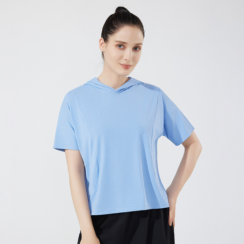 Verano nuevo estilo para hombres y mujeres con el mismo estilo de secado rápido casual de manga corta suelta blusa transfronteriza para correr al aire libre de manga corta con capucha de manga corta