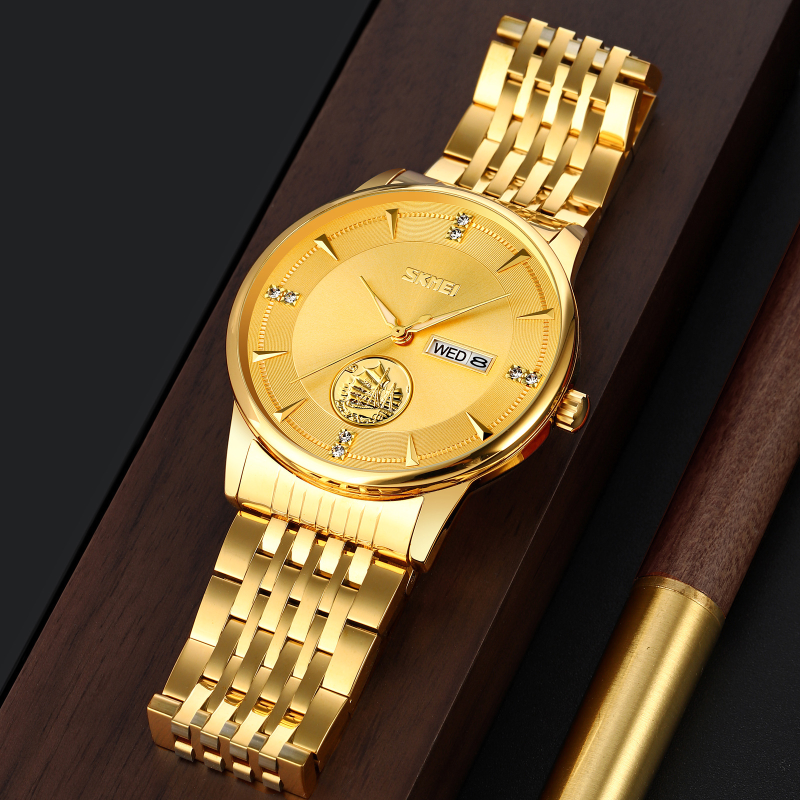 Momento Meimei oro hombre reloj de acero sólido reloj de negocios reloj de cuarzo impermeable comercio exterior transfronterizo al por mayor