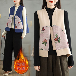 2024 Winter New Vintage Ethnic Style Modified Artistic Printing Padded Cotton Vest Jacket for Women