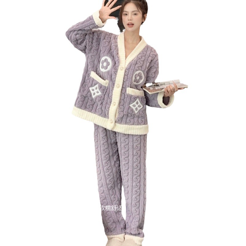Otoño y invierno nuevo algodón de peluche pequeño cardián cálido y cálido conjunto de pijamas para el hogar ropa de mujer gruesa y cálida dos piezas para mujeres