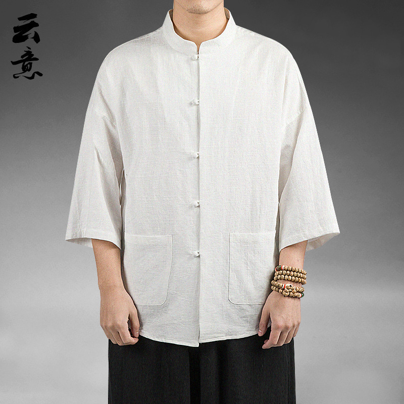 Camisa Zhongshan de lino de estilo chino, manga de cinco puntos para hombres, traje Tang, algodón y lino chino, camisa fina informal, traje de té de verano