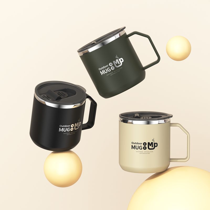 304 스테인리스 이중 머그컵 400ml 뚜껑 손잡이 사무실 커피잔
