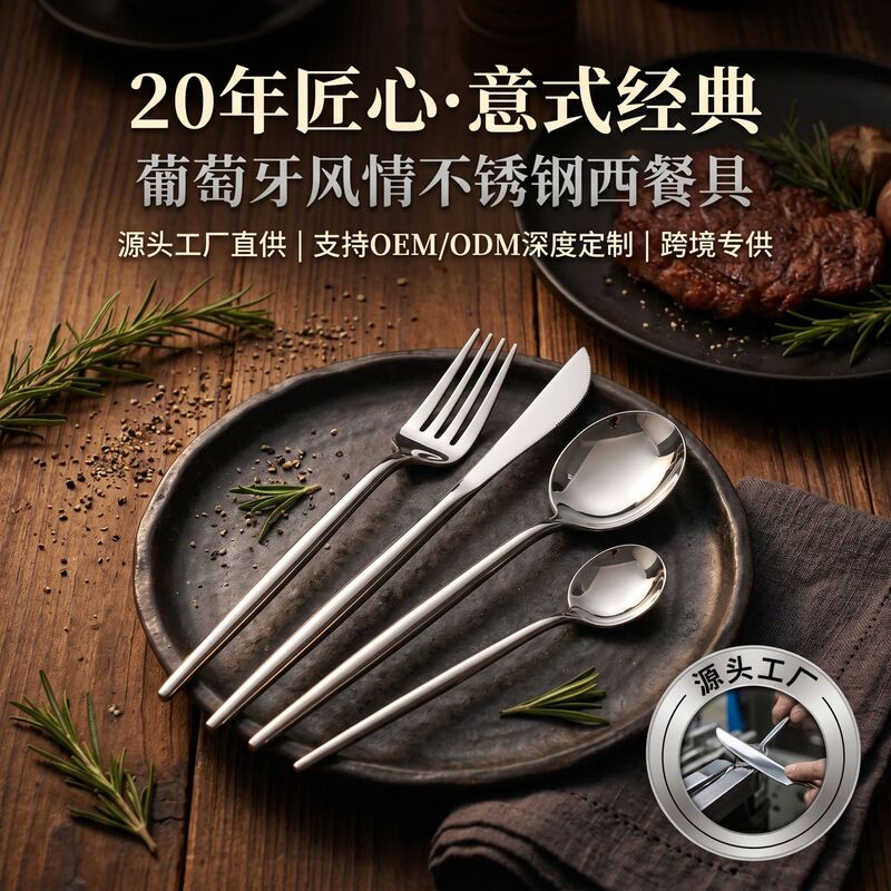 Stainless Steel Knife, Fork, and Spoon Three-Piece Set Portuguese Set Cross-Border 410 Restaurant Hotel Tableware Gift Box Western-Style Knife and Spoon