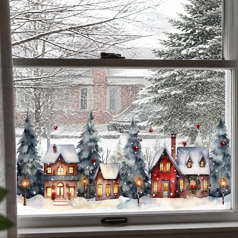 Manufacturer wholesale winter watercolor village window stickers, featuring snow houses, pine trees, streetlights, and Christmas patterns for glass decoration
