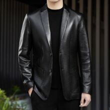 2025男士鳄鱼纹皮衣恒源祥新品男冬季西装领休闲高端绵羊皮衣外套
