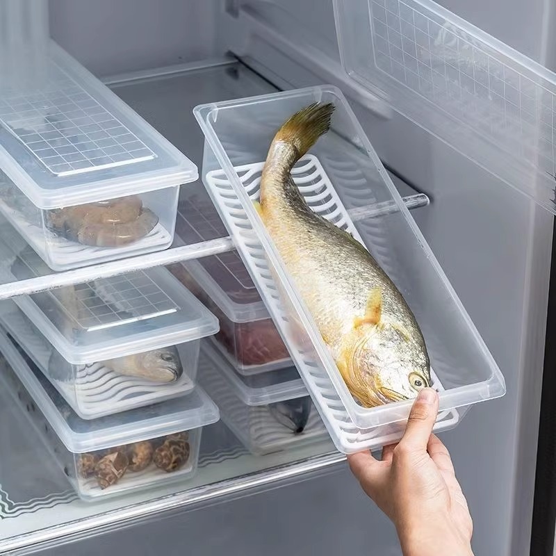 kitchen transparent draining crisper sealed box stackable seafood vegetable refrigerator refrigerated frozen meat storage box_voghion.com