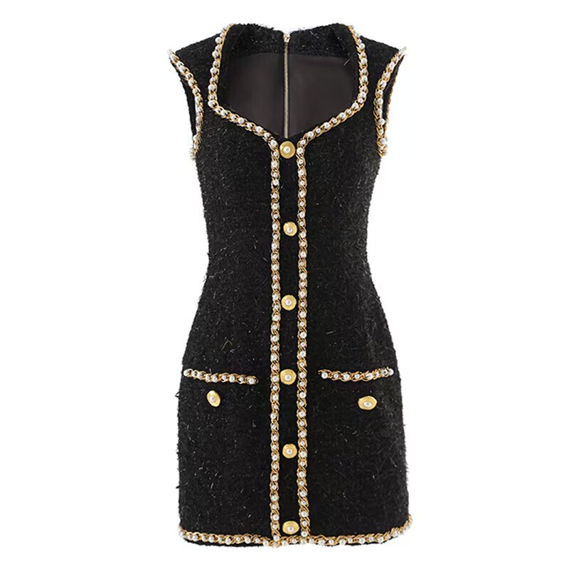 French-Style High-End Tweed Dress with Pearl Embellishments, Sleeveless, Waist-Cinching, Elegant Short Dress