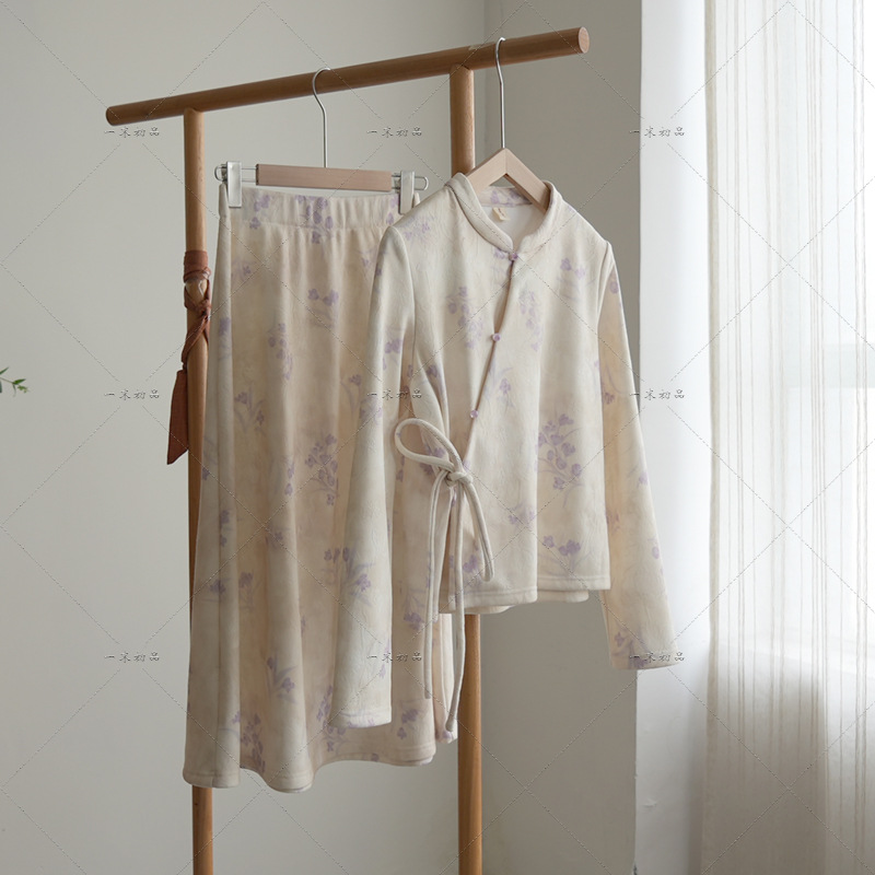 5411套装《紫鸳》原创新中式复古套装裙禅意加厚两件套