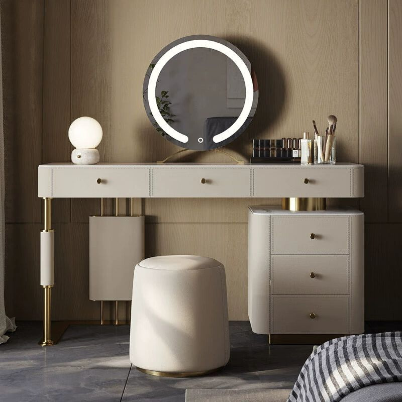 Light Luxury and High-End Slate Dressing Table Integrated Saddle Leather Dressing Table Modern Retro Style Bedroom Storage Dressing Table