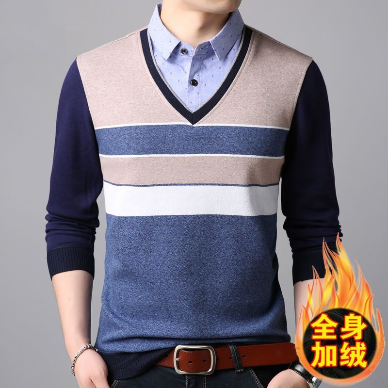 [One-Piece Velvet] Velvet Thickeneded Men's Sweater New Shirt Collar Fake Two-Piece Winter Warm Knitted Bottoming Shirt