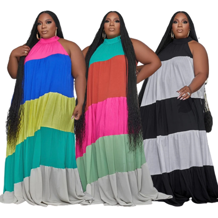 Women's plus-size splicing color contrast long swing dress_voghion.com