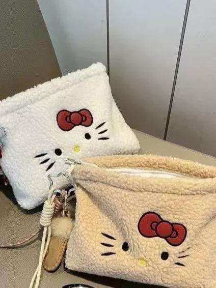 Lamb wool embroidered makeup bag, cute cartoon Kitty cat embroidered clutch bag, large capacity women's storage bag