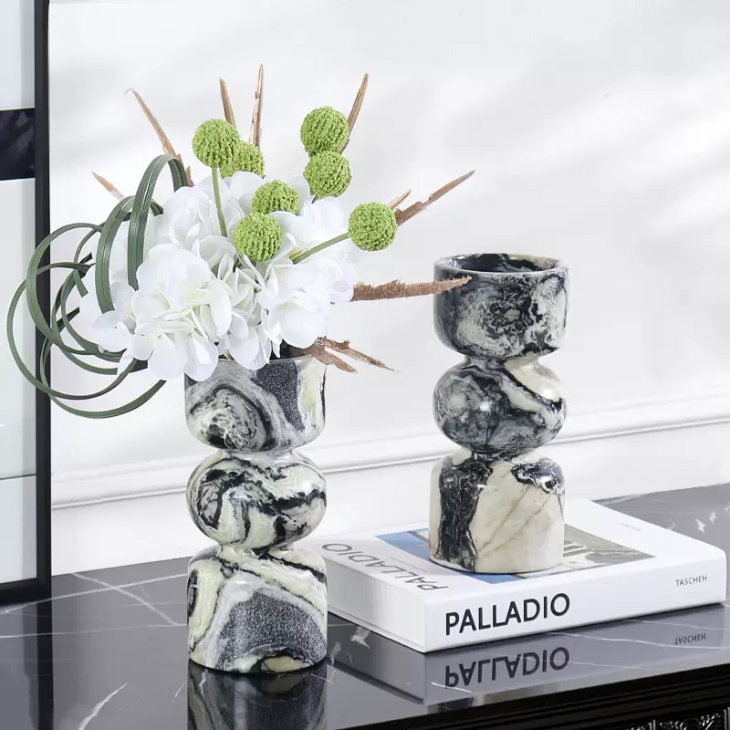 新中式大理石烛台摆件样板房客厅茶几餐桌大理石花器花瓶家居饰品