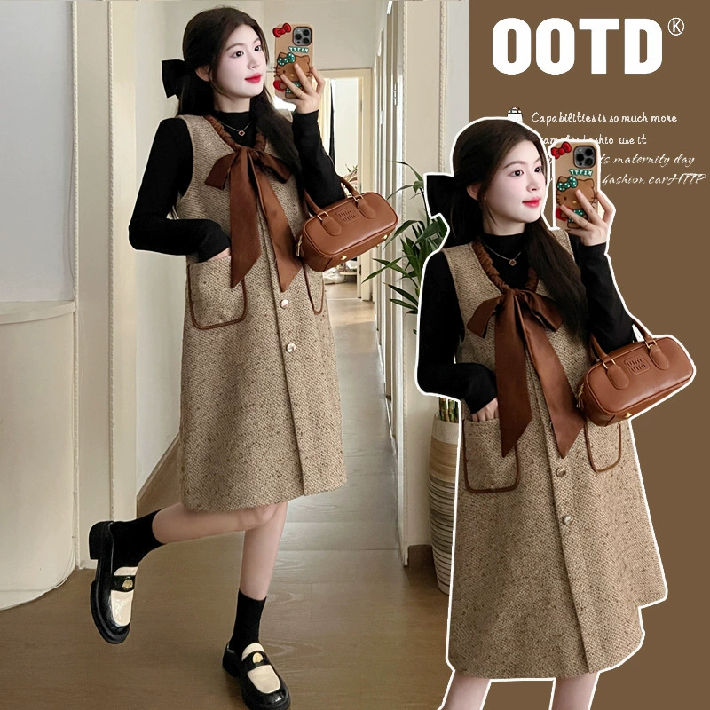 Настоящий снимок для беременных, осенне-зимний свободный маленький ароматный костюм
