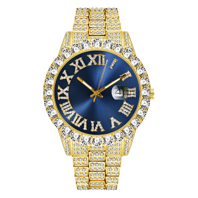 European and American New Style Water Ghost Large Rhinestone Inlaid with Diamonds Men's Watch Roman Scale Calendar Hip-Hop Watch Men's Gold Watch Green Full Diamond Watch