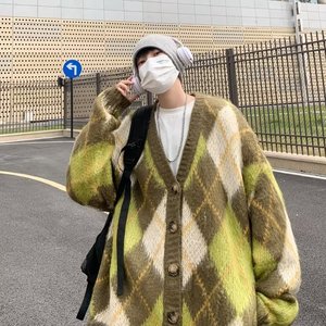 冬季美式复古宽松绿菱格毛衣开衫外套加厚慵懒oversize针织衫男女