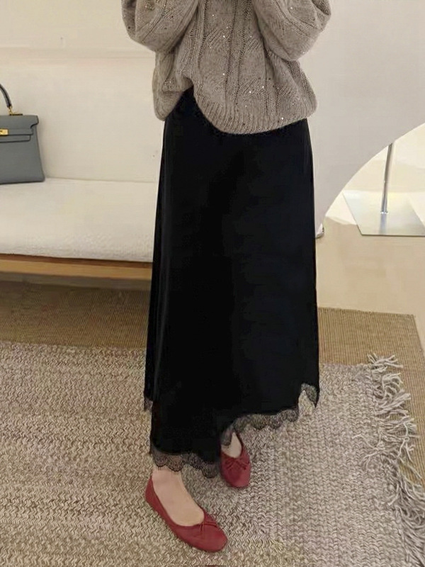 蕾丝花边拼接丝绒半身裙女2025年秋新款松紧腰显瘦气质中长A字裙|undefined