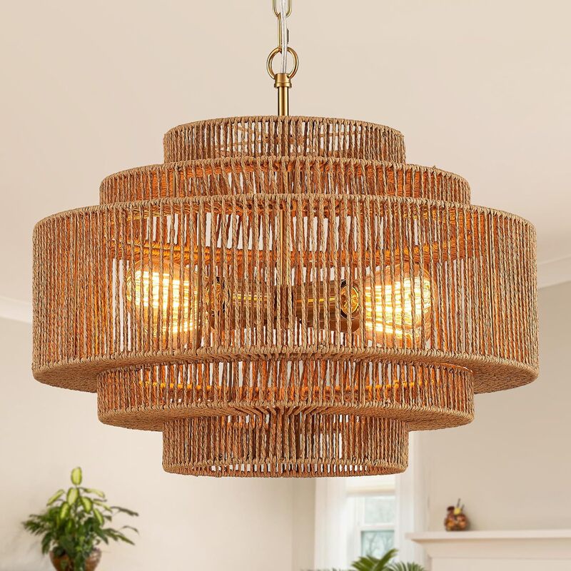 Cross-Border Handmade Woven Rattan Chandelier for Dining Room, Bohemian Style, Suitable for Kitchen and Living Room Lighting