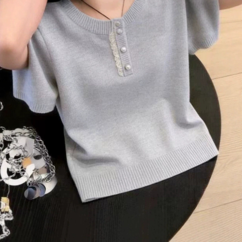 Belly-Covering Lace Splicing Ice Silk Short-Sleeved Knitwear for Women 2026 Spring and Summer Thin Style Stylish T-Shirt Loose Age-Reducing Top