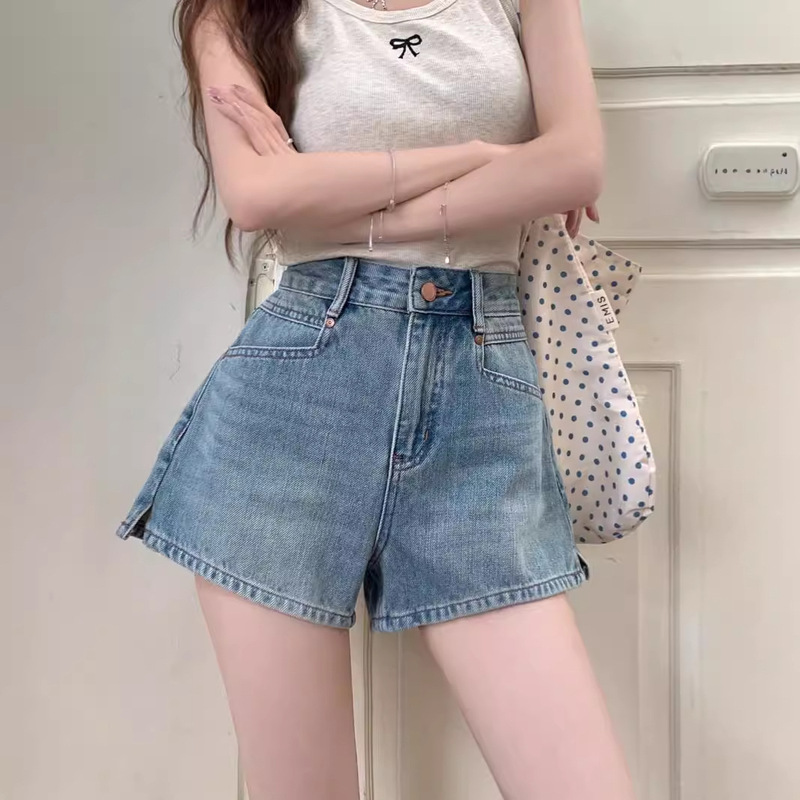 High-Waisted Slimming Look Versatile Wide-Leg Jeans Shorts for Women 2025 Summer New Style Small A-Line Slit Hot Pants Trendy