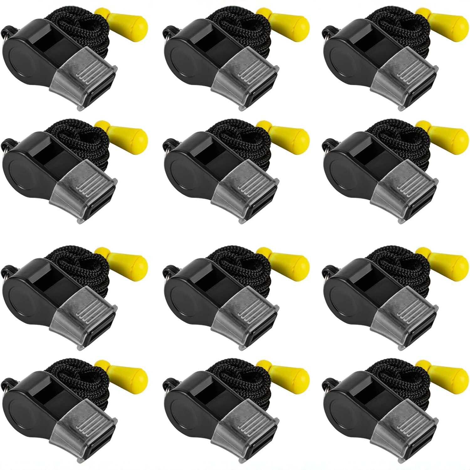 ABS plastic whistle with silicone mouth guard, black referee whistle, adjustable length strap, sports aid