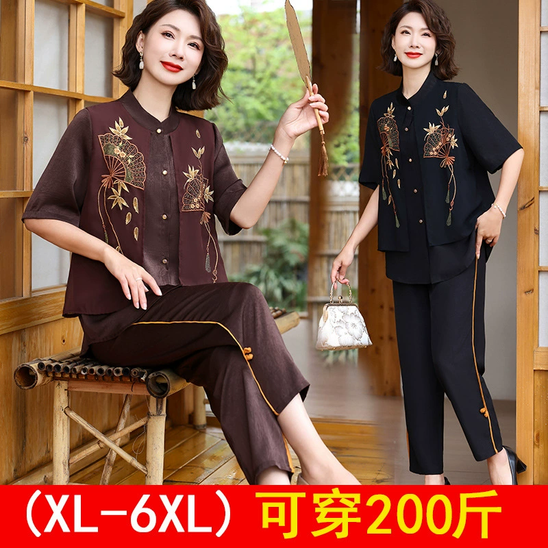 Большой размер мамы китайский комплект рубашки с короткими рукавами 2024 летом новый средний и пожилой женщины свободный и не легко морщинистый костюм
