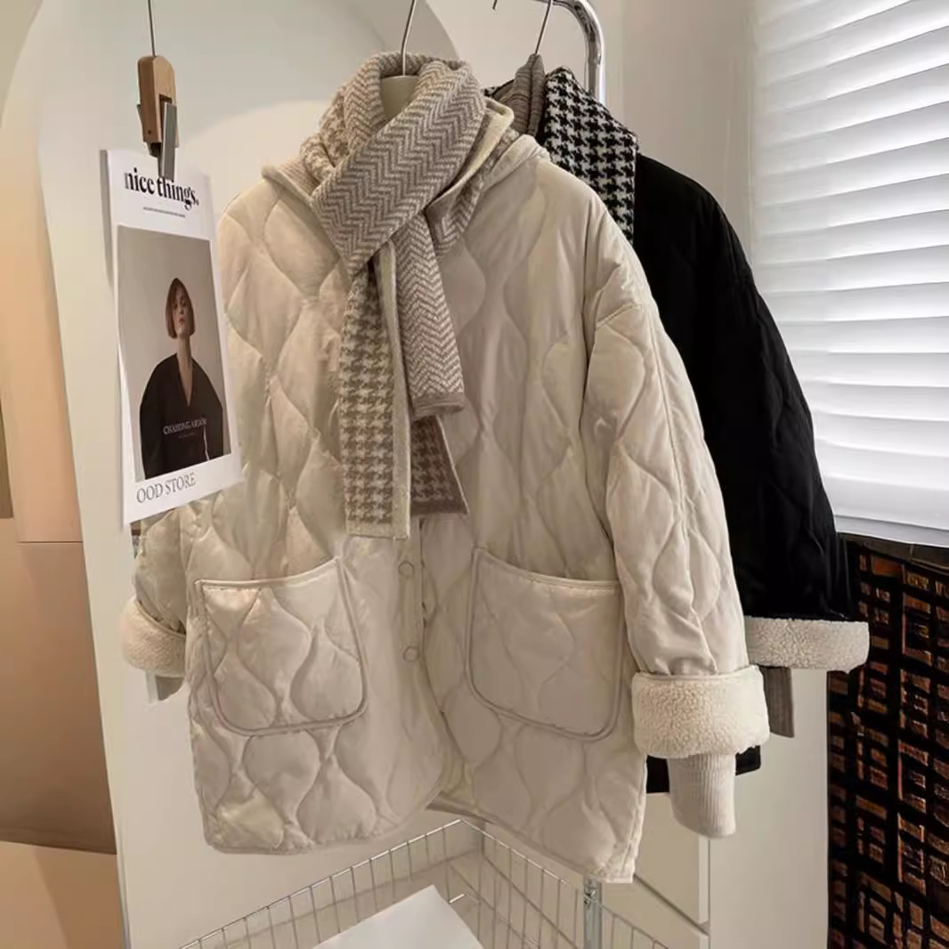 Collarless lamb wool splicing light and thin winter Korean version loose small fragrant dia plaid warm cotton jacket_voghion.com