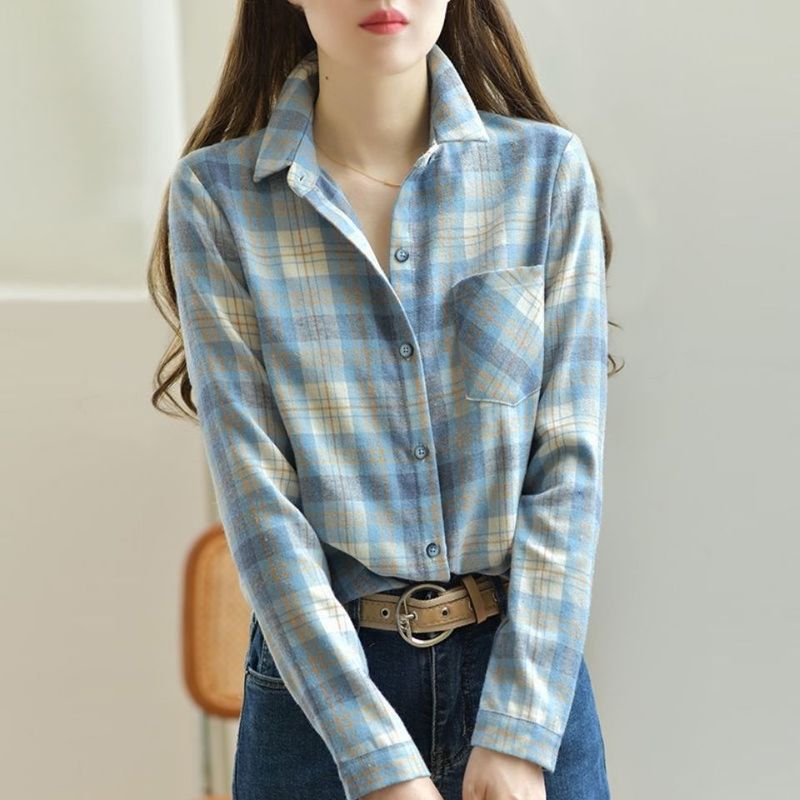 蓝色格子衬衫女长袖2025秋装新款女装磨毛休闲衬衣早秋上衣女|undefined