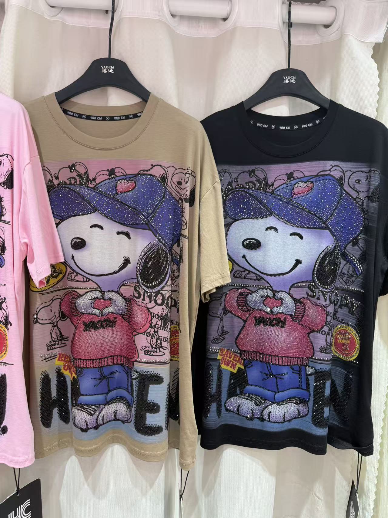 Transfronterizos de tamaño grande marca de moda Snoopy impresión de diamante caliente suelta camiseta de manga corta de mujeres coreanas de dibujos animados 2026 nuevo image 4