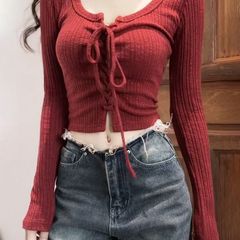 纯欲高级感系带长袖T恤女装春秋新款圆领修身显瘦短款百搭打底衫